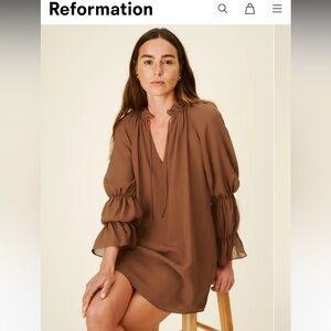 Reformation Brown Ruffled-Tie Mini Dress